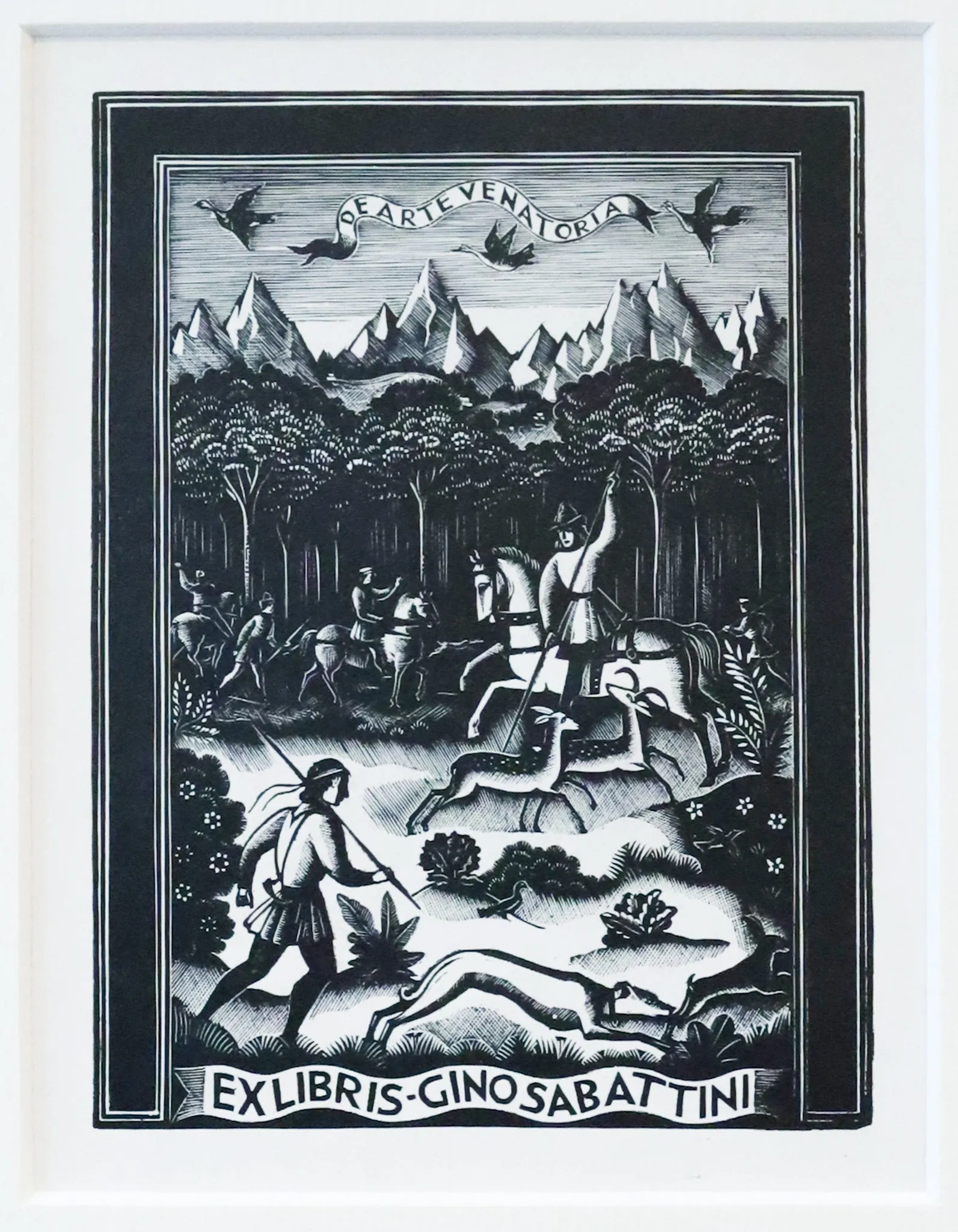 1938 Italian Engraving bookplate (Ex Libris), De Arte Venatoria (Matted)