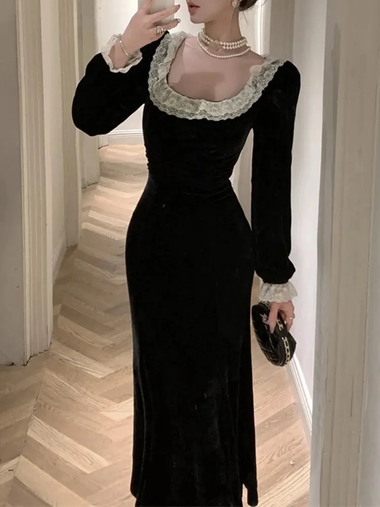 Aiertu Autumn Women Vintage Chic Velvet Black Dress Long Sleeve Bodycon Evening Party Dresses Female Fashion Chic Prom Vestidos Mujers