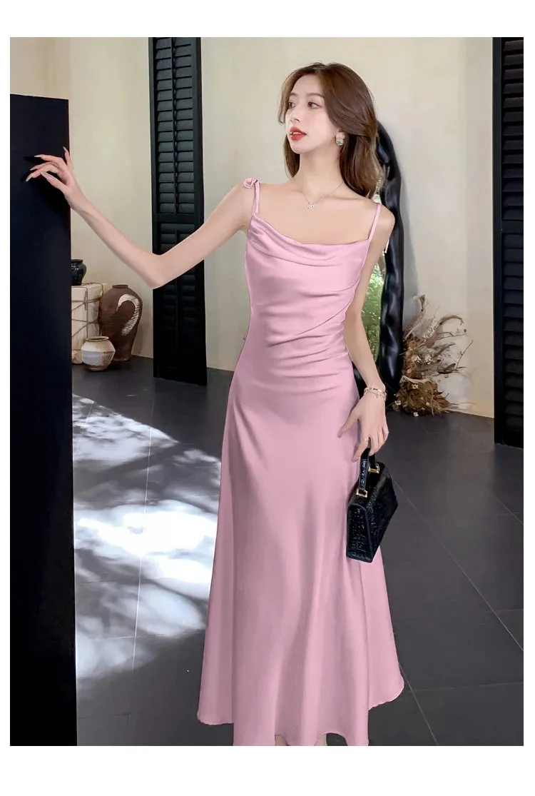 Aiertu Sleeveless Solid Chic Women Summer Dress Spaghetti Strap Satin Bodycon Elegant Midi Party Vestidos Female Long Clothes New Robe