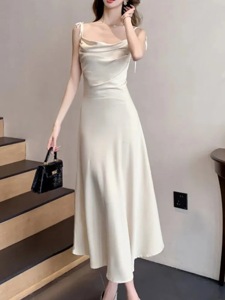 Aiertu Sleeveless Solid Chic Women Summer Dress Spaghetti Strap Satin Bodycon Elegant Midi Party Vestidos Female Long Clothes New Robe