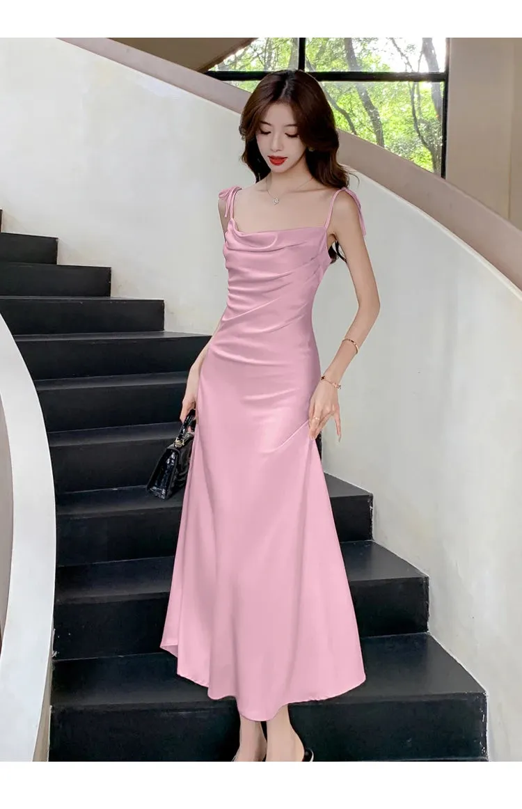 Aiertu Sleeveless Solid Chic Women Summer Dress Spaghetti Strap Satin Bodycon Elegant Midi Party Vestidos Female Long Clothes New Robe