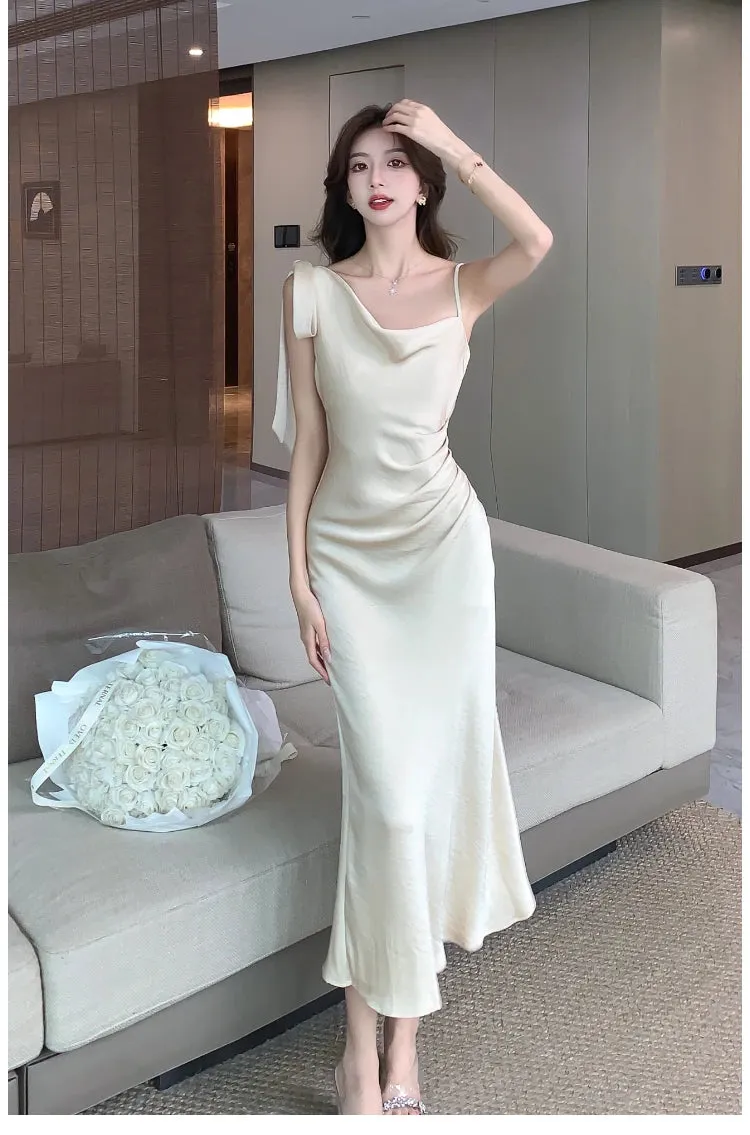 Aiertu Spaghetti Strap Women Fashion Satin Midi Dress Sleeveless Casual Solid Chic Bodycon Slim Party Dresses Female Vestidos New