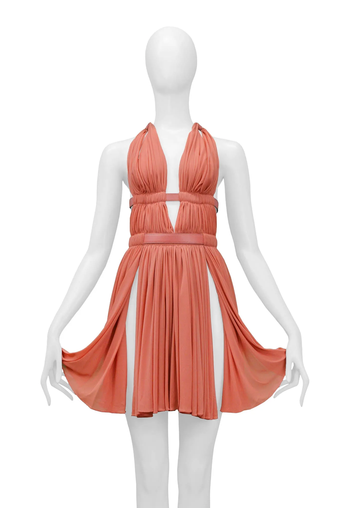 ALAIA CORAL HALTER BONDAGE DRESS WITH LEATHER STRAPS 1991