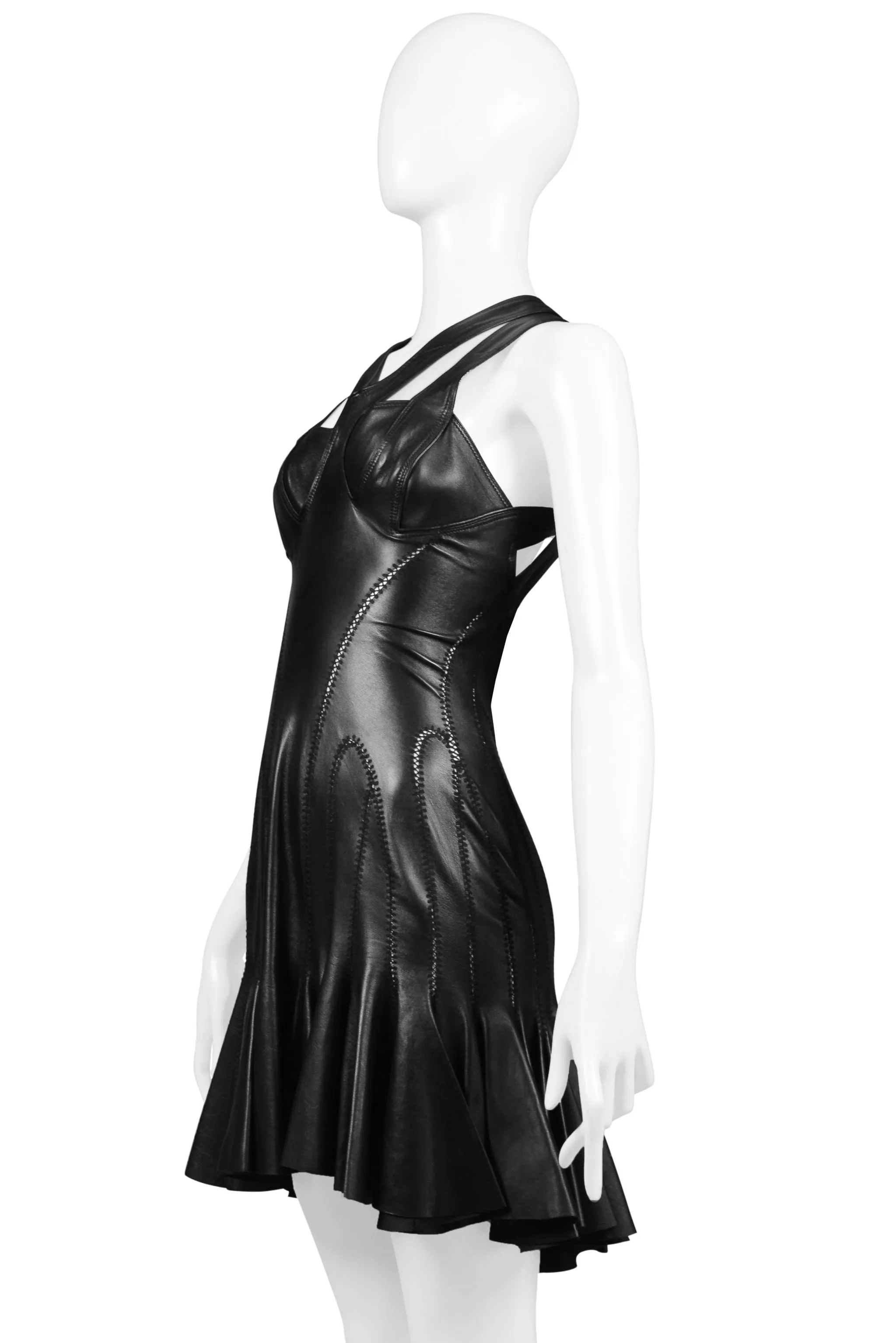 ALEXANDER MCQUEEN BLACK LEATHER BONDAGE DRESS 2004