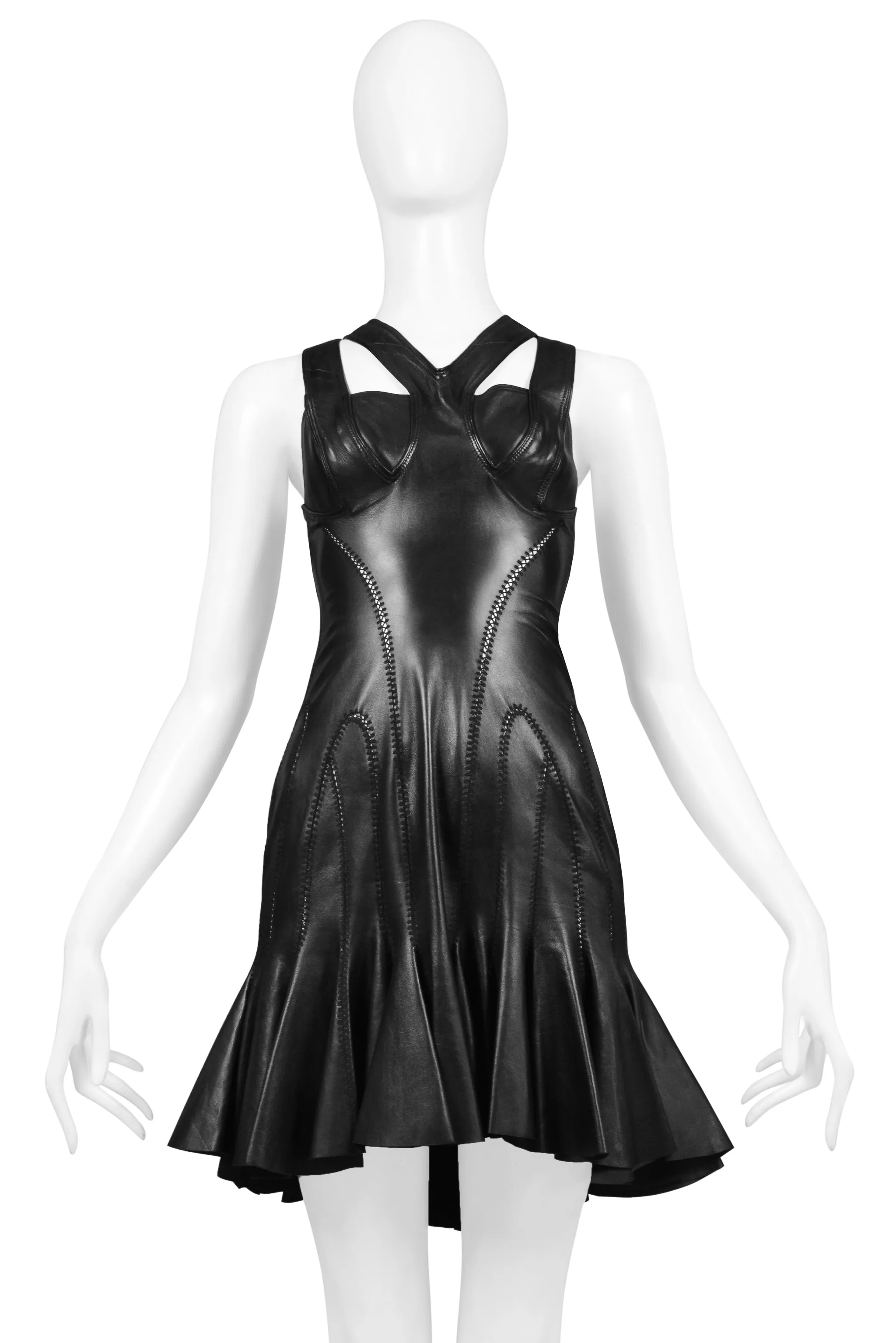 ALEXANDER MCQUEEN BLACK LEATHER BONDAGE DRESS 2004