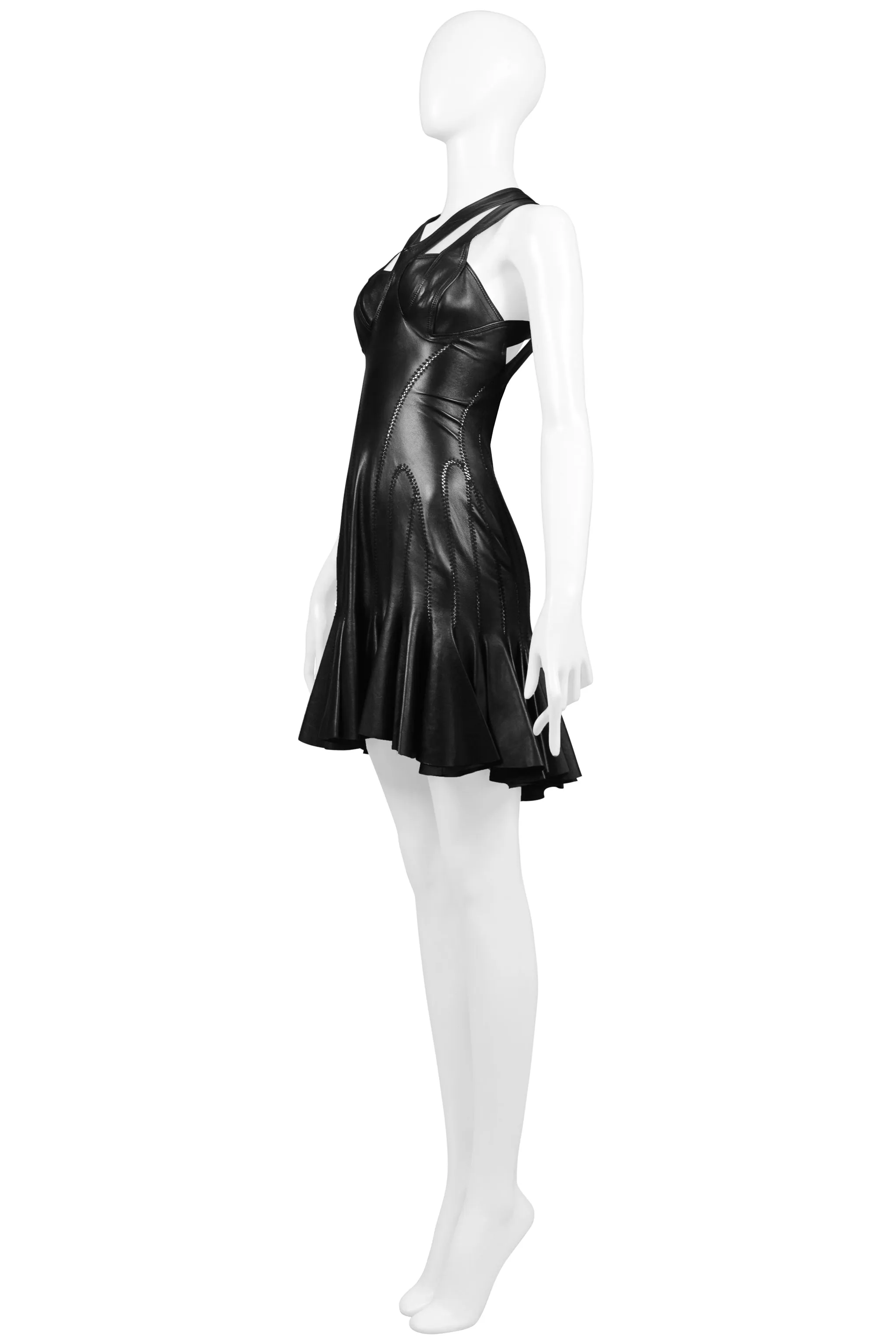 ALEXANDER MCQUEEN BLACK LEATHER BONDAGE DRESS 2004