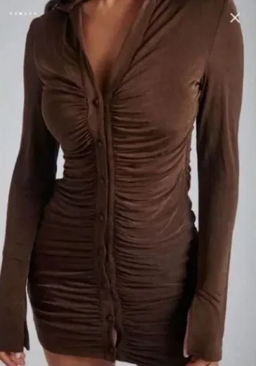 ALEXANDRA Ruched Long Sleeve Mini Dress- Chocolate (L/8)