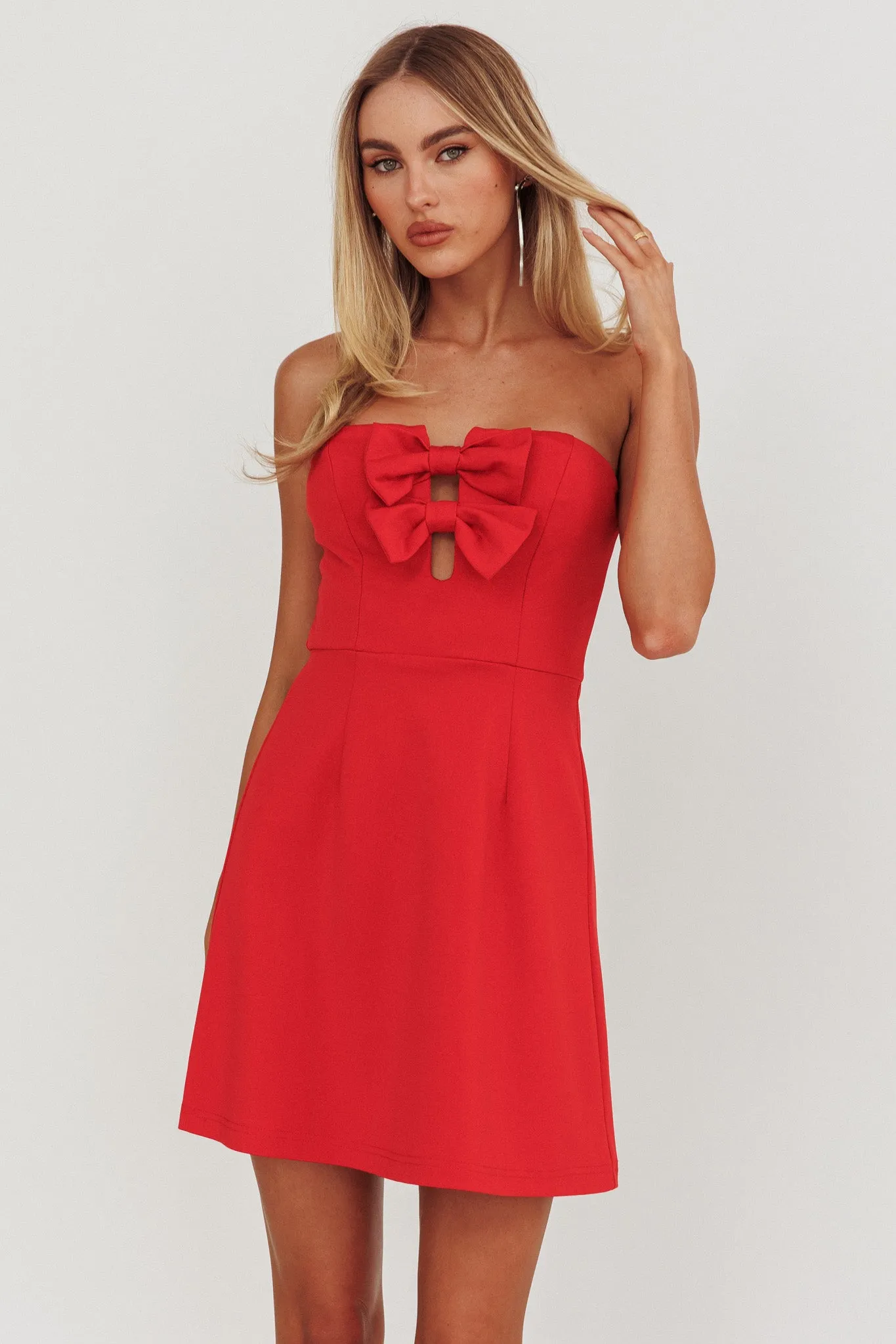 All For You Bow Strapless Mini Dress Red