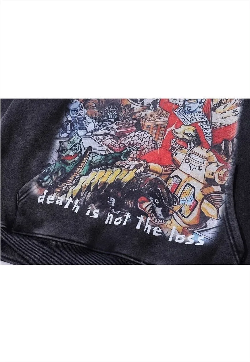 Anime hoodie vintage wash pullover Justice slogan jumper