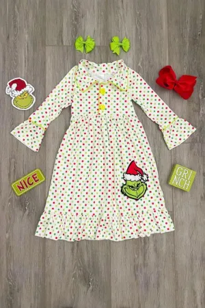 Ankle Length Dots Grinch Print Christmas Pajamas Dress Girl