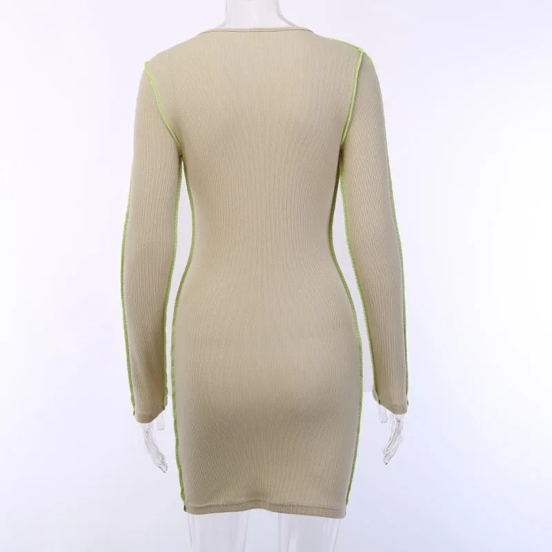 Apricot Plain Long Sleeve O Neck Bodycon Dress