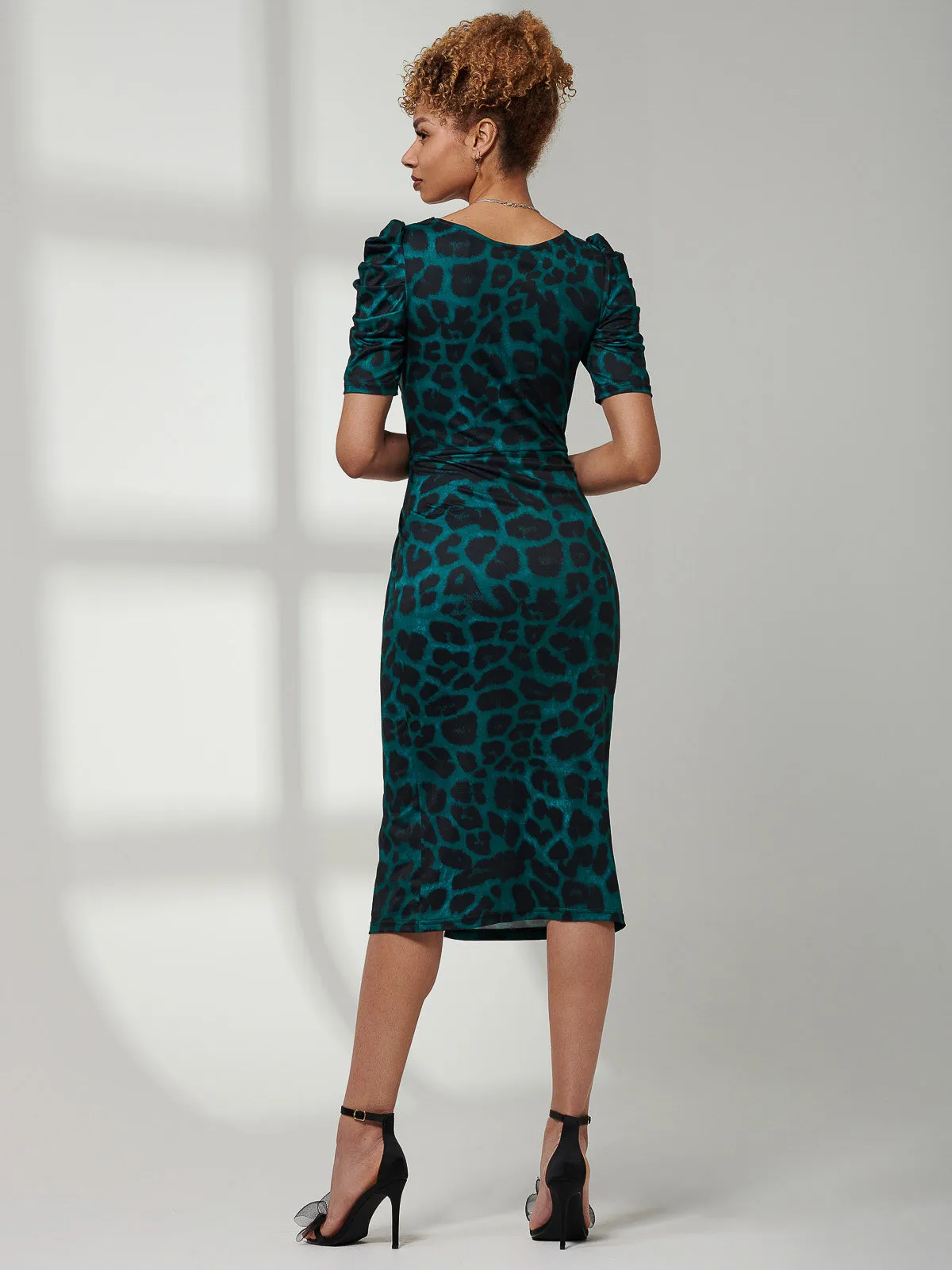 Arica Jersey Puff Sleeve Bodycon Midi Dress, Green Animal