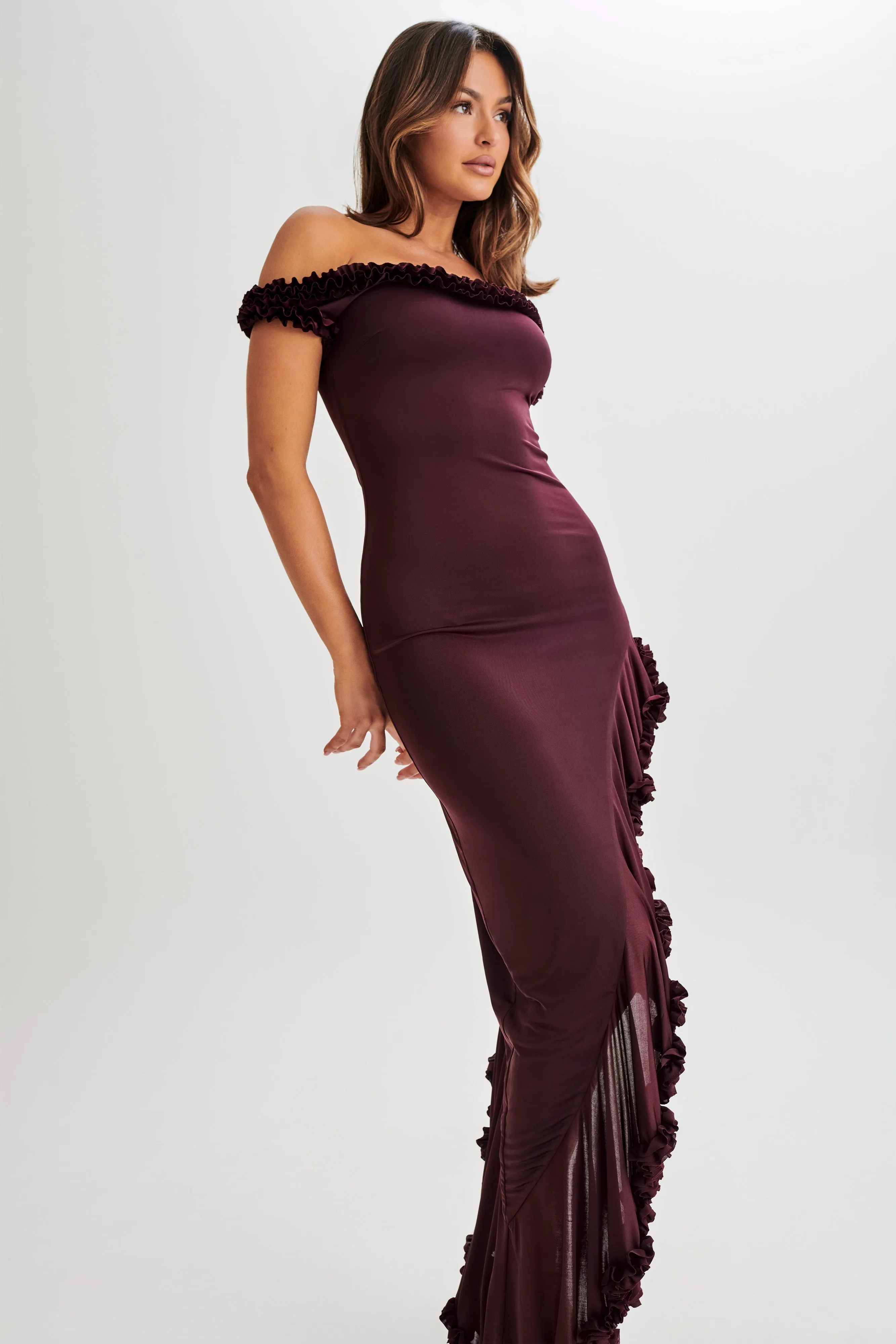 Arielle Off Shoulder Ruffle Midi Dress - Plum