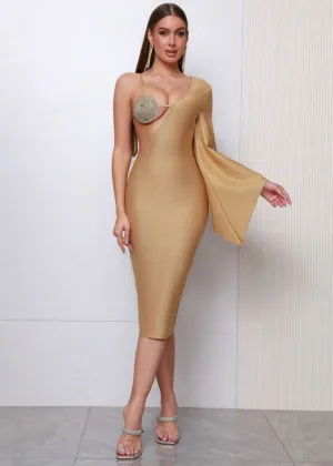 Asymmetric Neckline Flare Sleeve Rhinestone Bra Top Bandage Dress