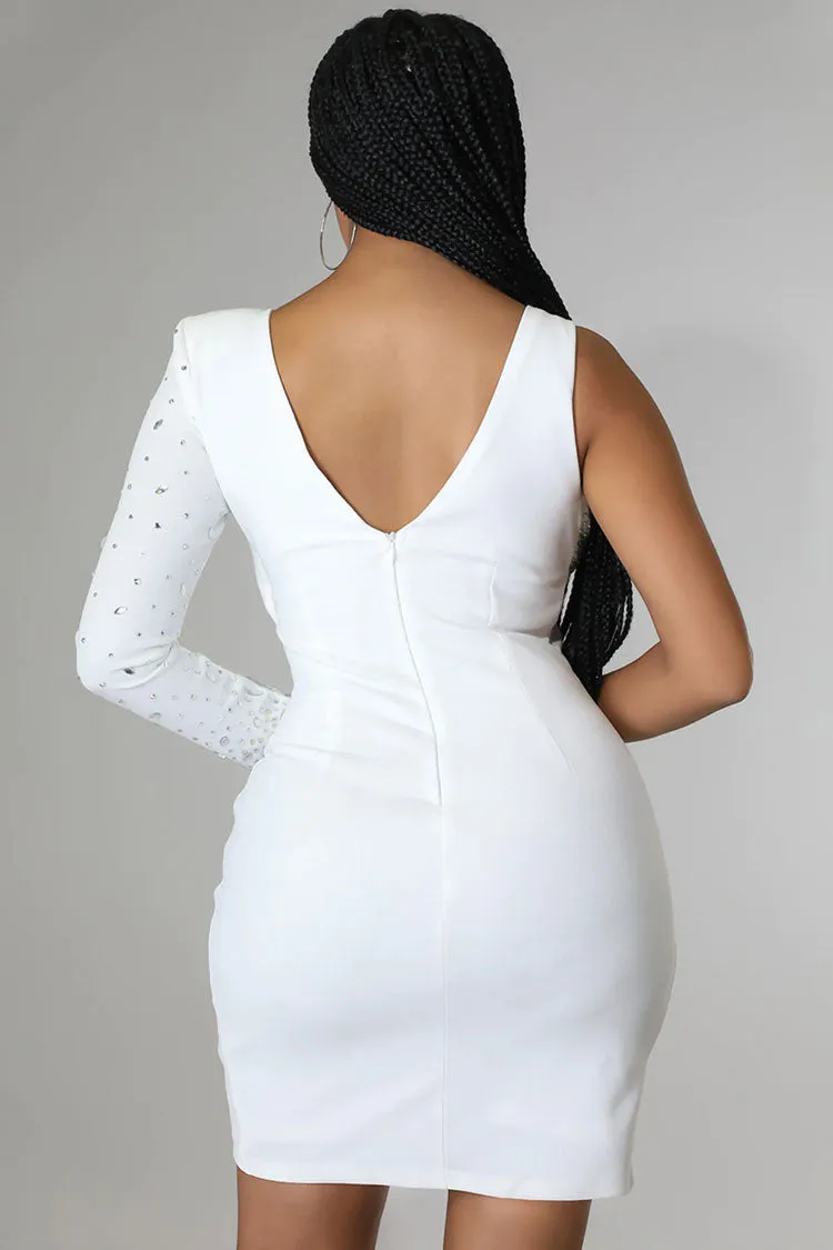 Asymmetrical Crystal Bra Long Sleeve Cutout Bodycon Party Mini Dress - White