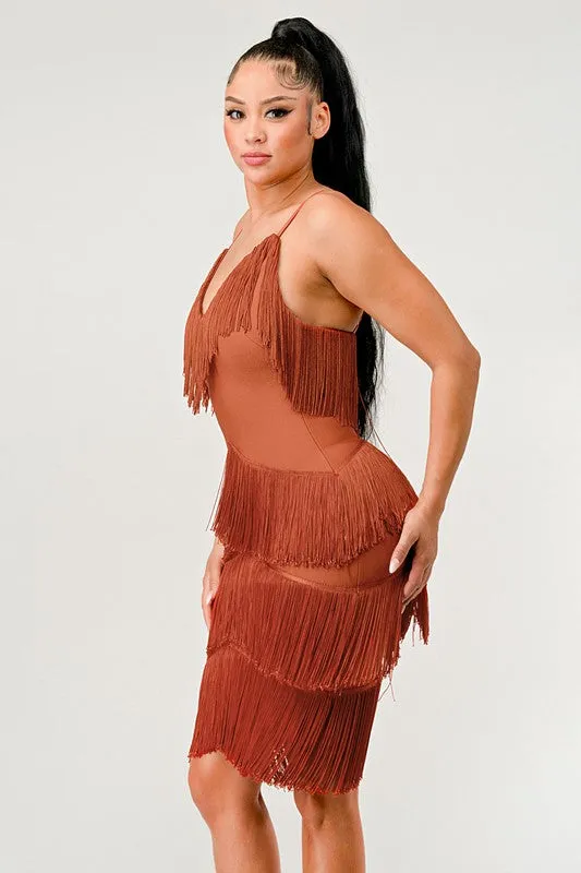 ATHINA Mini Brown Vintage Bandage Dress with Tassels