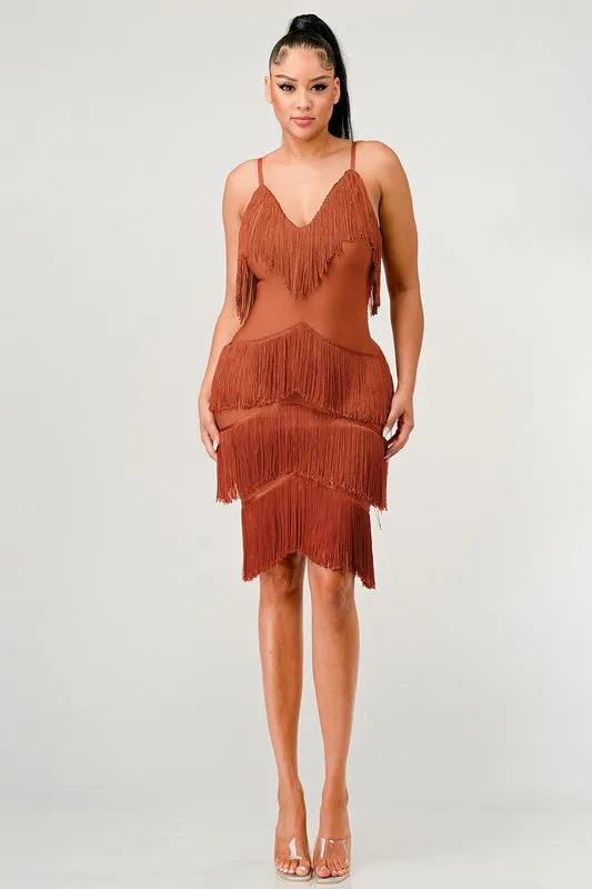 ATHINA Mini Brown Vintage Bandage Dress with Tassels