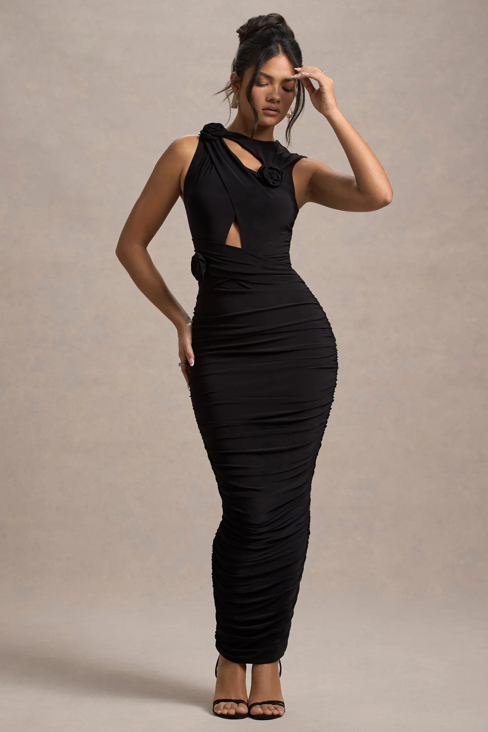 Audelia | Black Cut-Out Maxi Dress With Floral Corsages