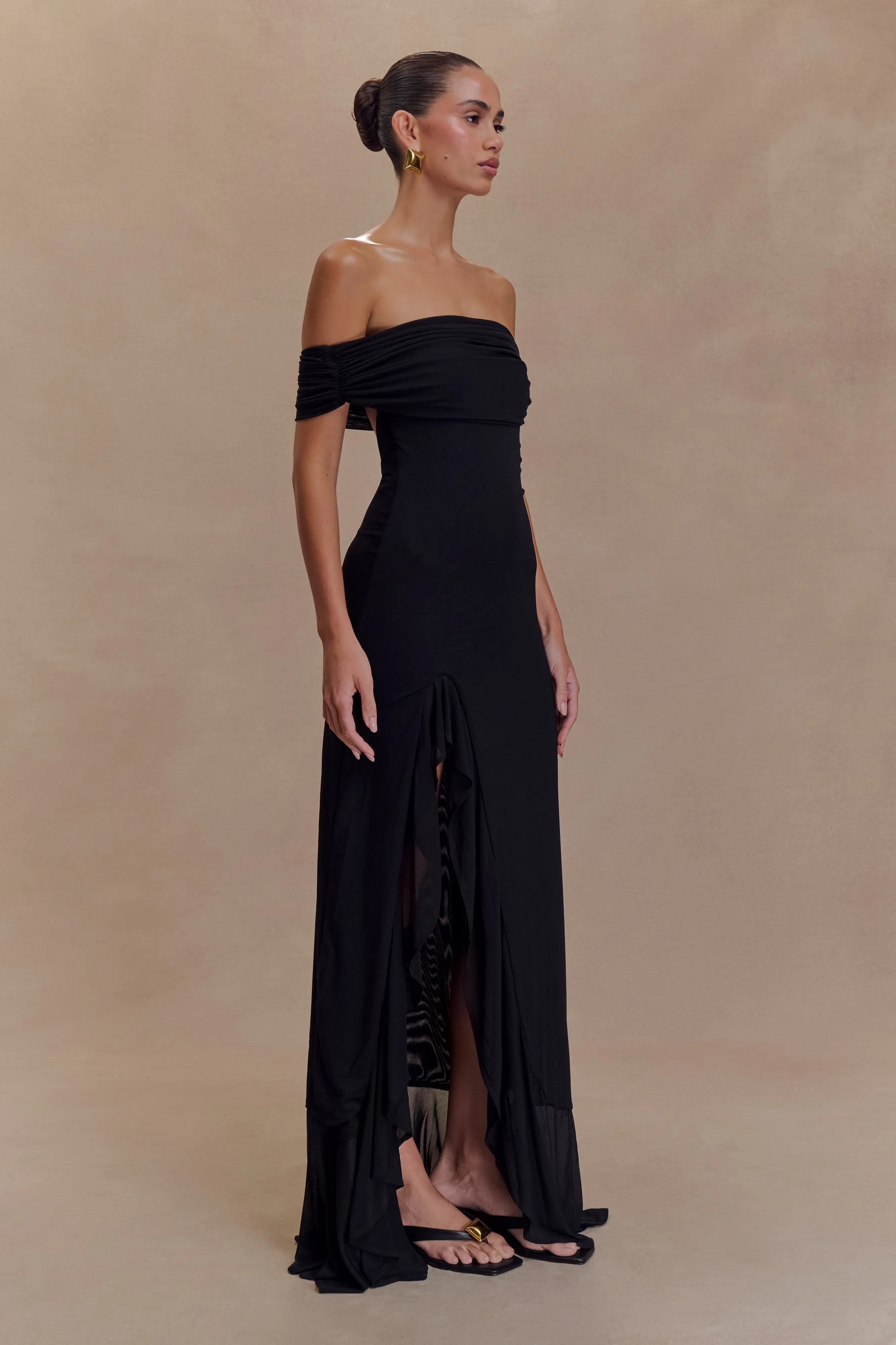 Audrey Off Shoulder Mesh Maxi Dress - Black