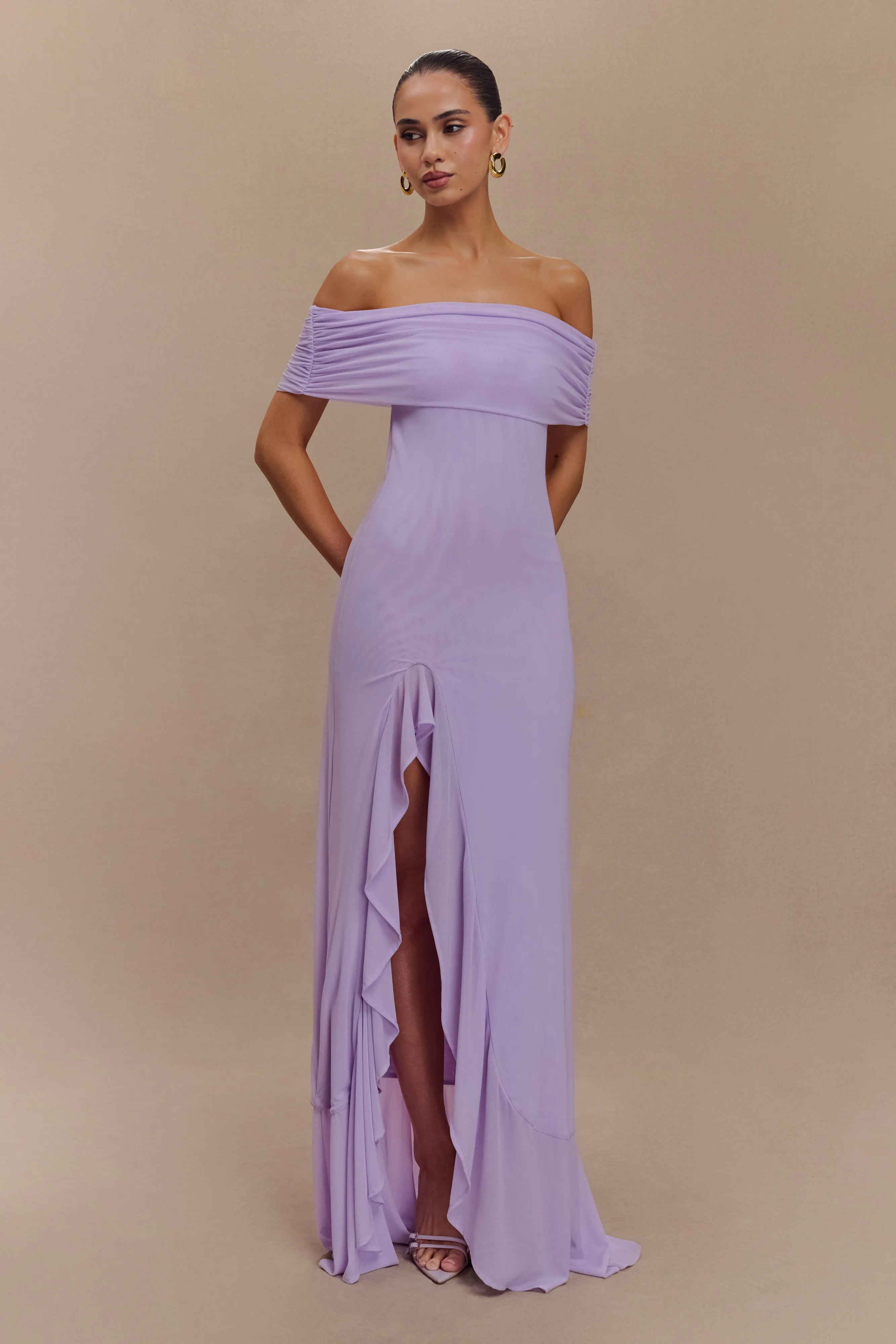 Audrey Off Shoulder Mesh Maxi Dress - Lilac