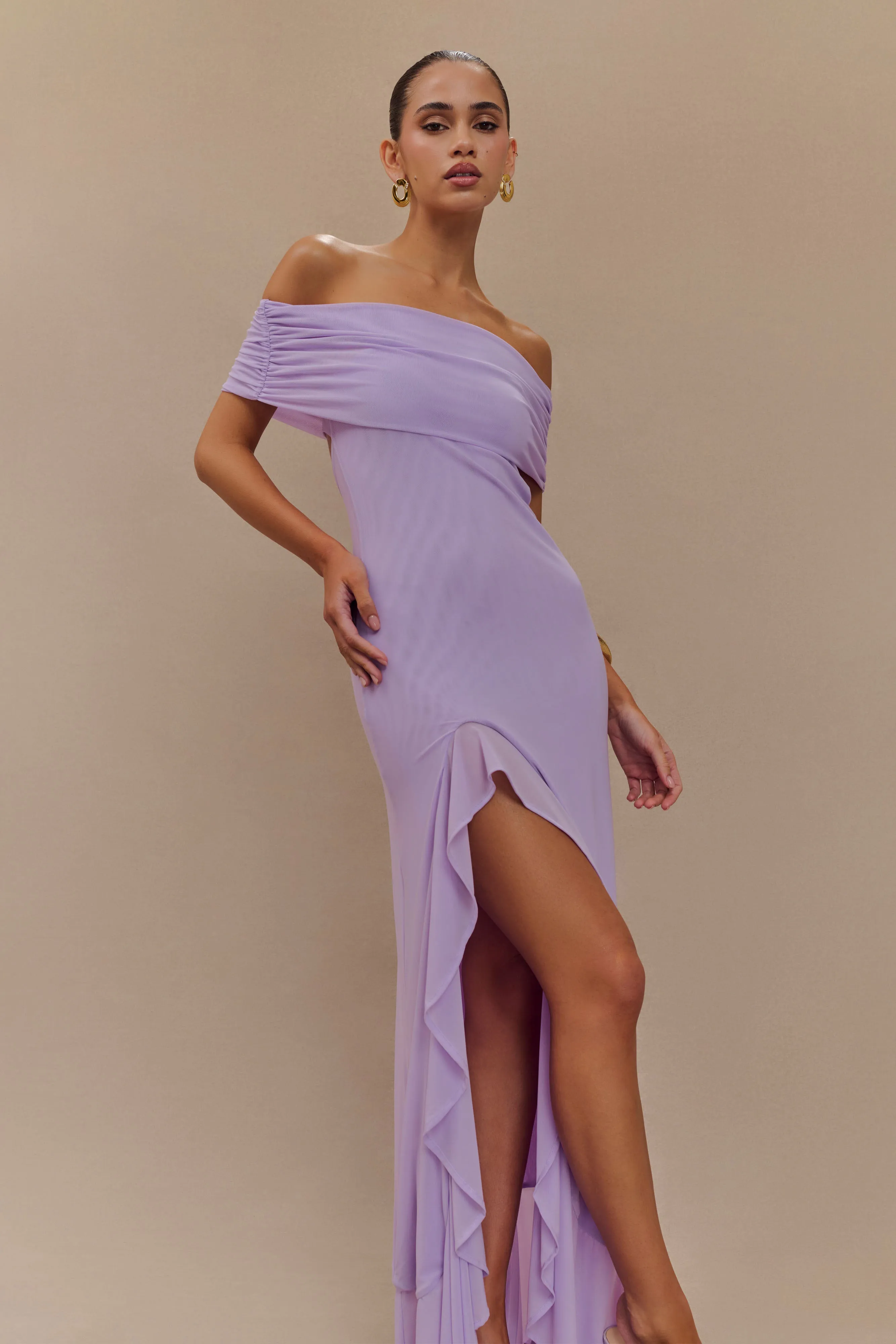 Audrey Off Shoulder Mesh Maxi Dress - Lilac