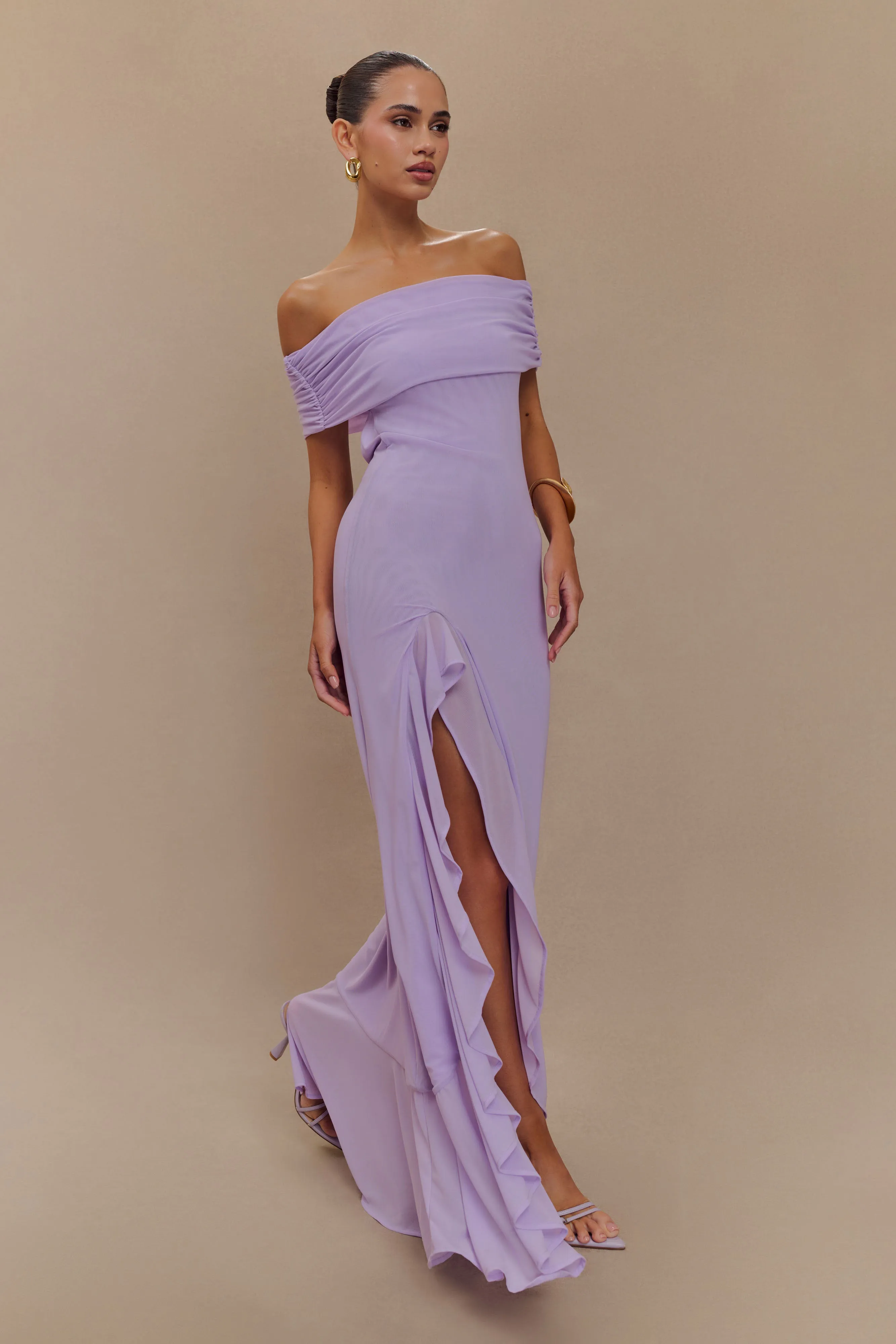 Audrey Off Shoulder Mesh Maxi Dress - Lilac