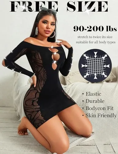 Avidlove Womens Fishnet Lingerie Sexy Bodycon Mini Dress Mesh Cut Out Babydoll Chemise Off Shoulder Black