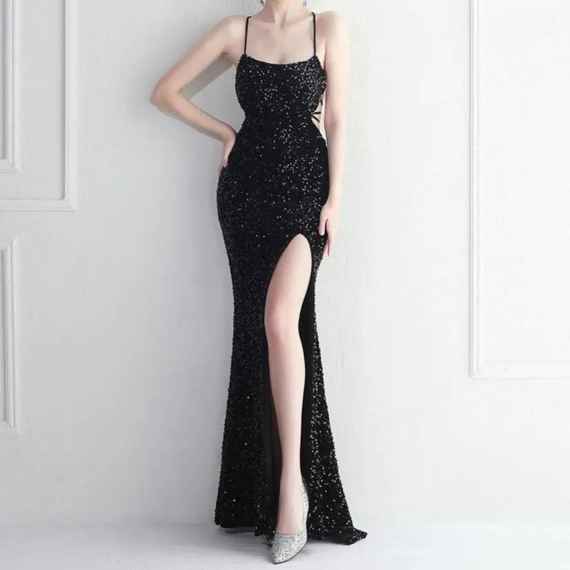 Beatrice Colorful Black Sequin Evening Maxi Dress