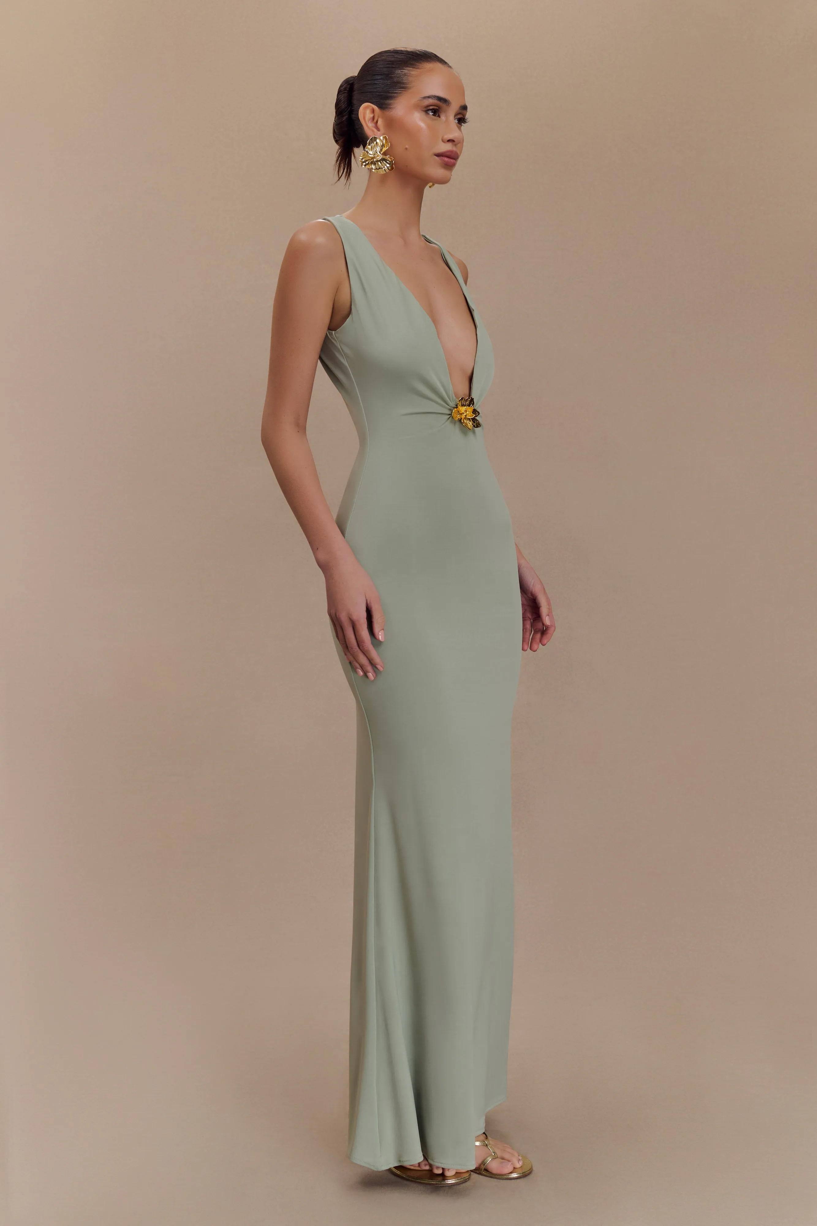 Beck Plunge Maxi Dress With Floral Hardware - Basil