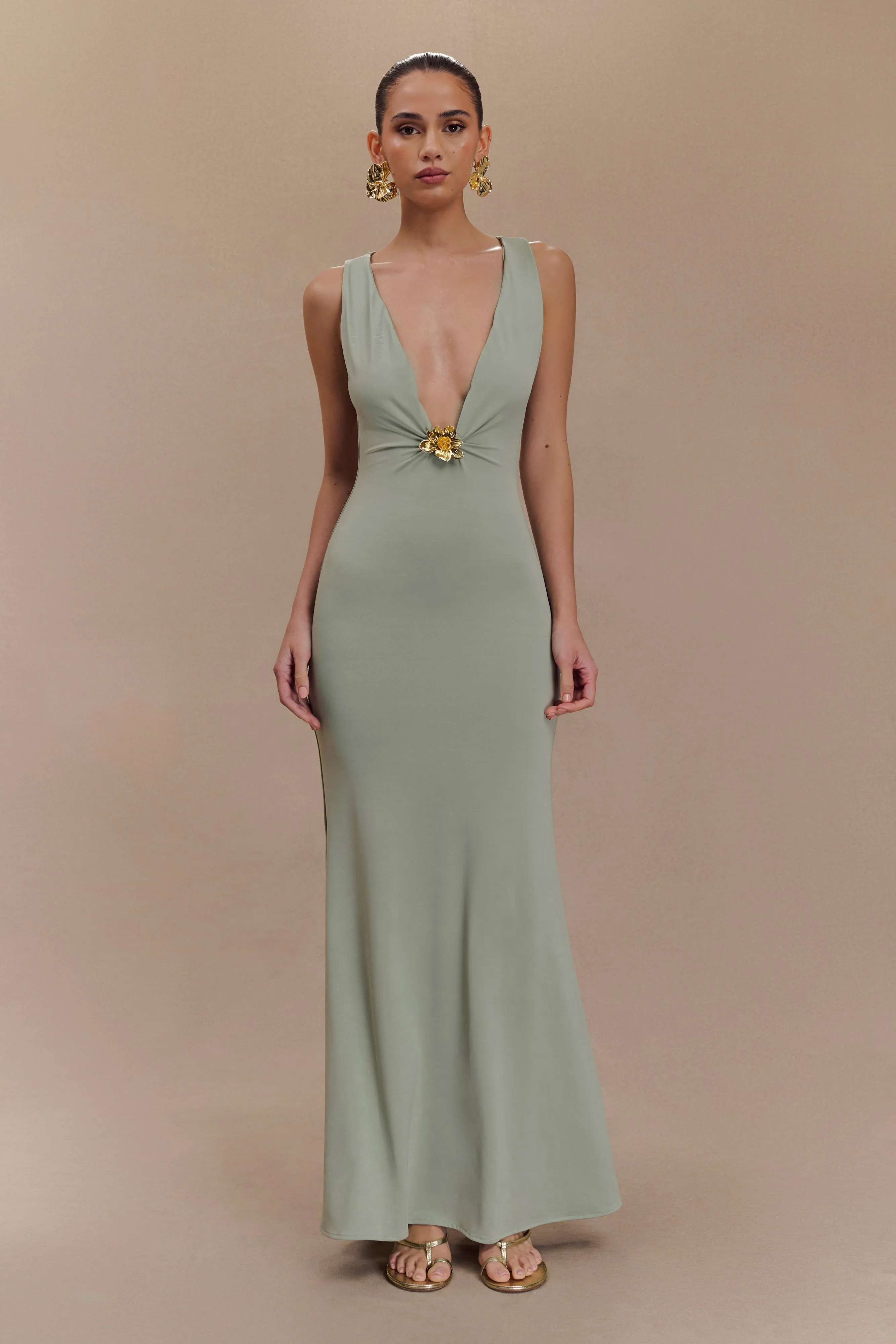 Beck Plunge Maxi Dress With Floral Hardware - Basil