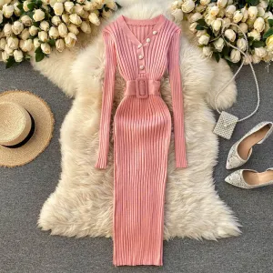 Belted Waist Long Sleeve Dress