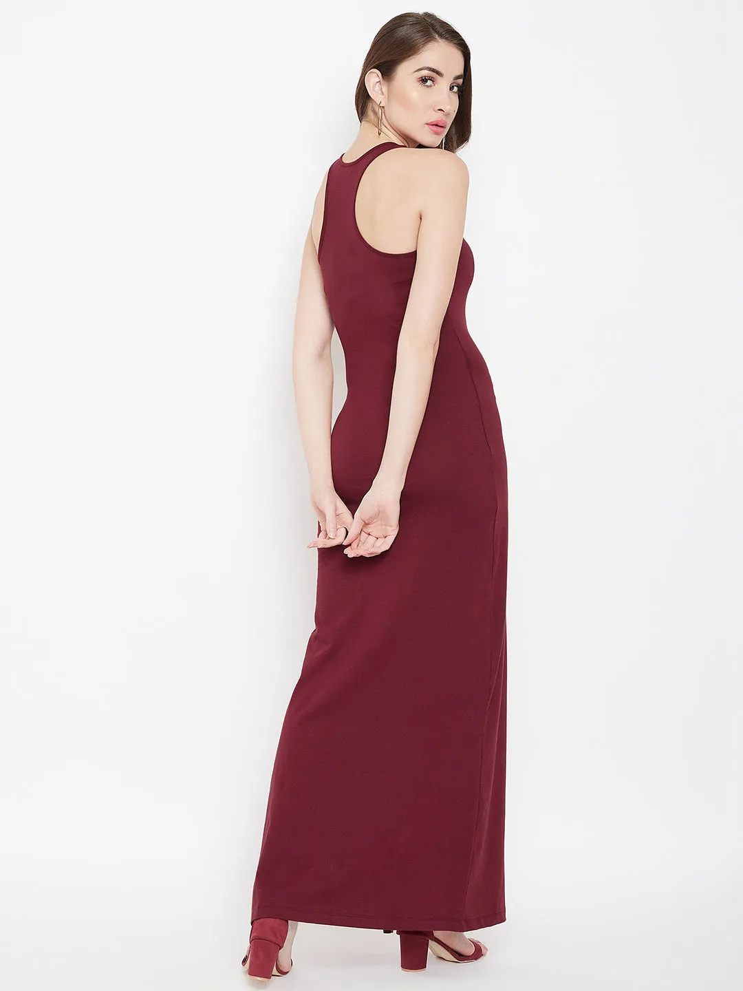 Berrylush Women Solid Maroon Round Neck Racerback Thigh-High Slit Bodycon Maxi Dress