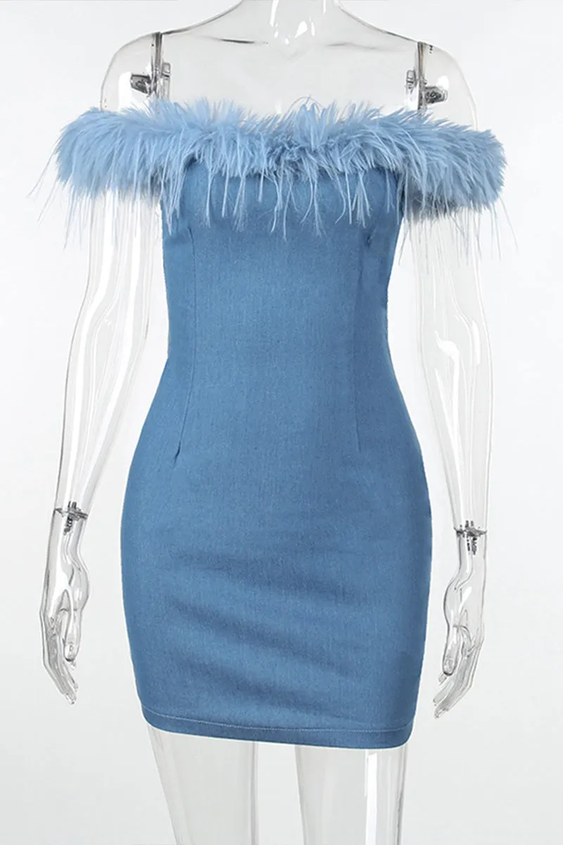 BF700 Off-Shoulder Denim Feather Mini Dress