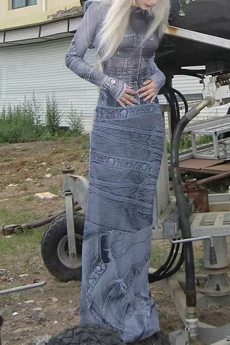 BF767 Denim Pattern Print Mesh Maxi Dress