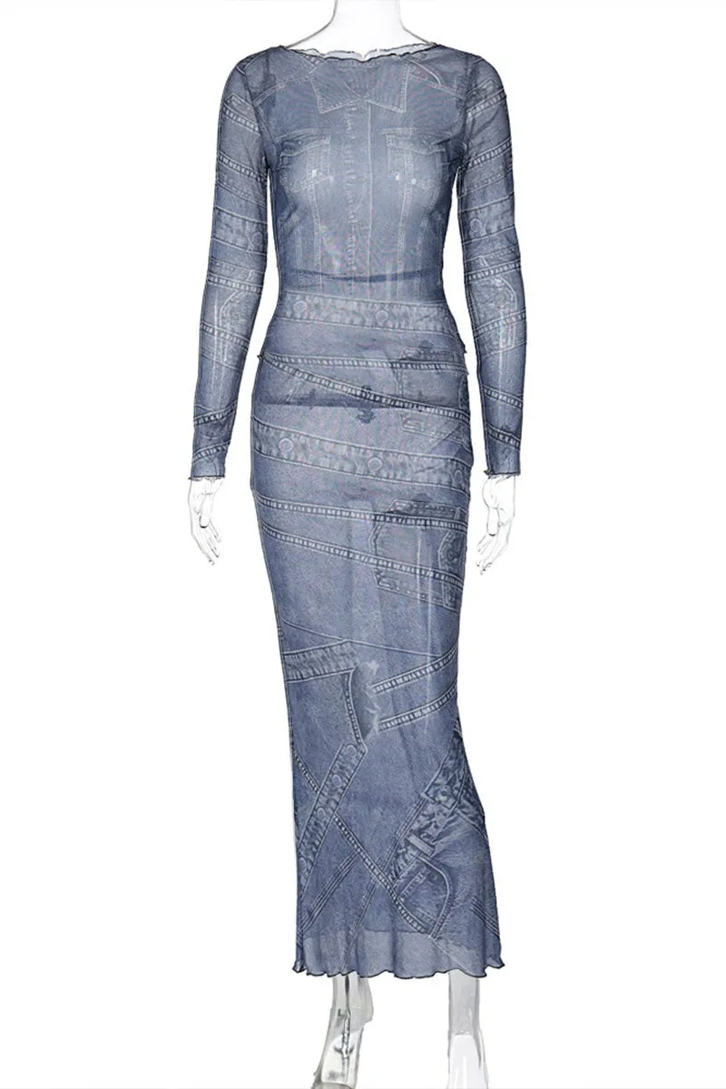 BF767 Denim Pattern Print Mesh Maxi Dress