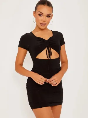 Black Front Ruched Slinky Cut Out Dress