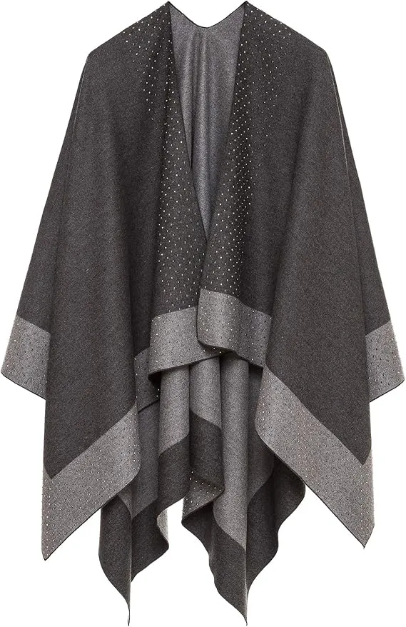 Black-Gray Luxurious Knit Sweater Poncho Cardigan