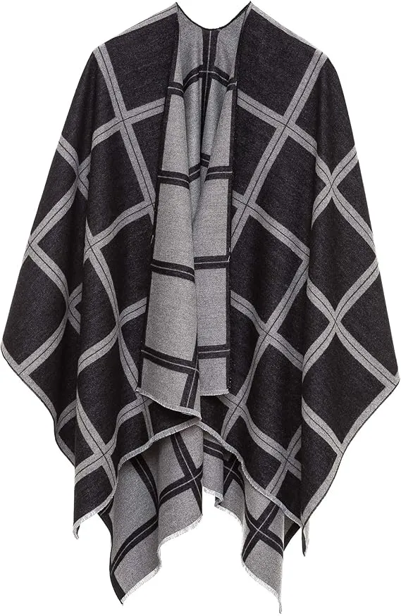 Black-Gray Luxurious Knit Sweater Poncho Cardigan