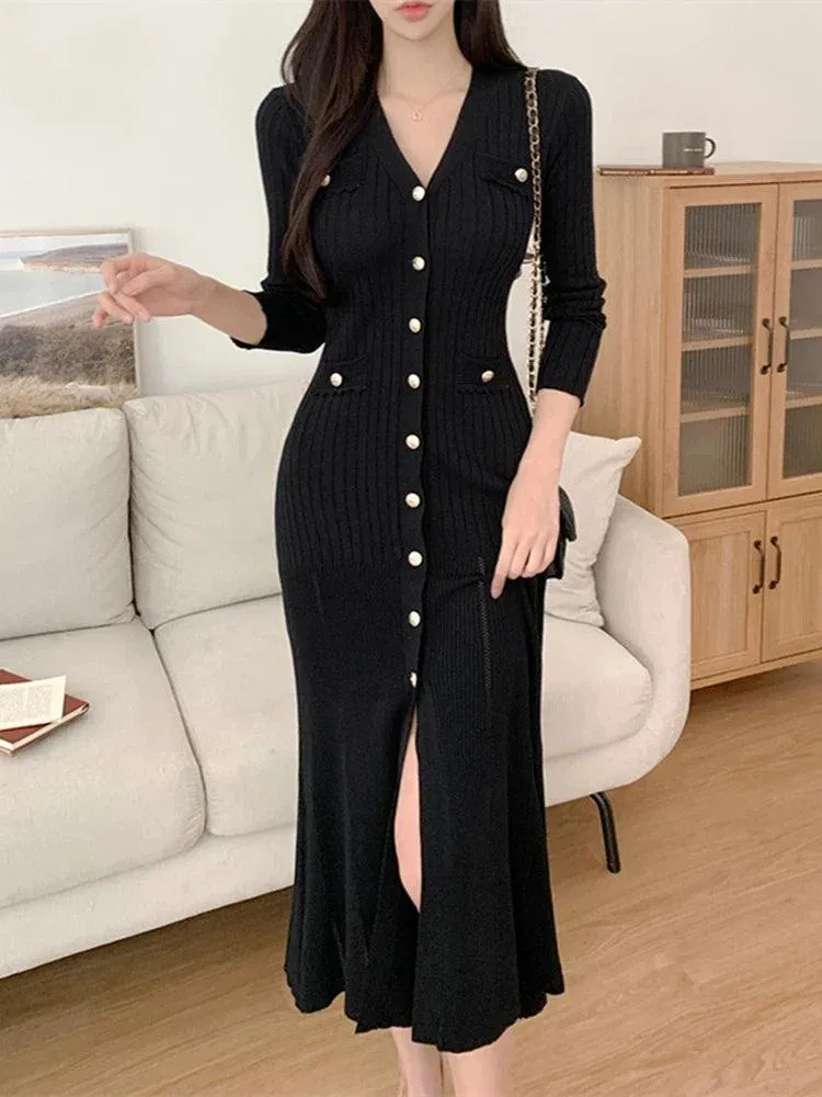 Black Knitted Ruffle Midi Dress: Chic Korea Style Fashion