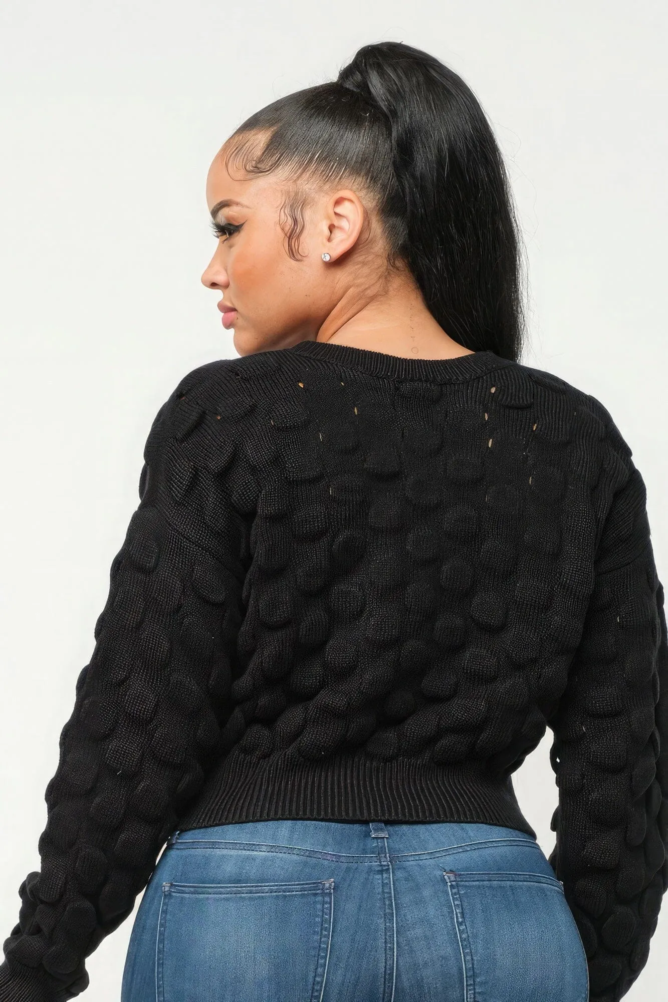 Black Long Sleeve Drop Shoulder Checker Pattern Pullover Crop Sweater_