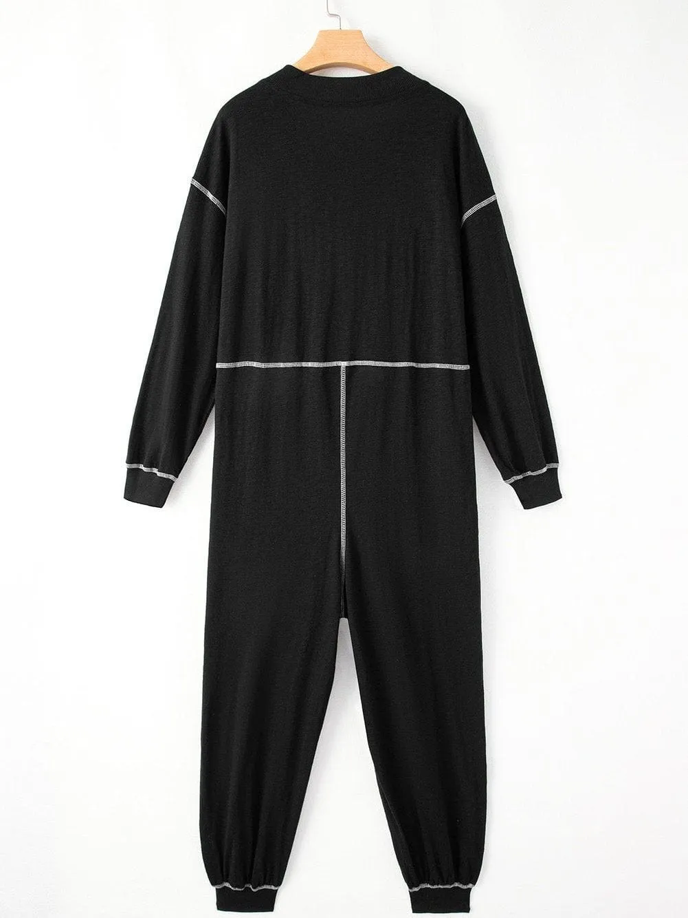 Black Maxi Jumpsuit with Hood and Contrast Stitching