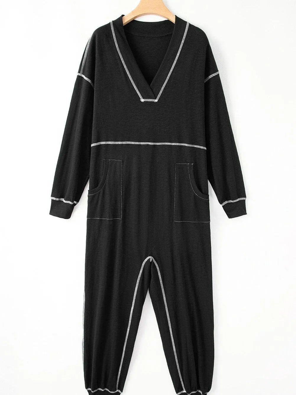 Black Maxi Jumpsuit with Hood and Contrast Stitching