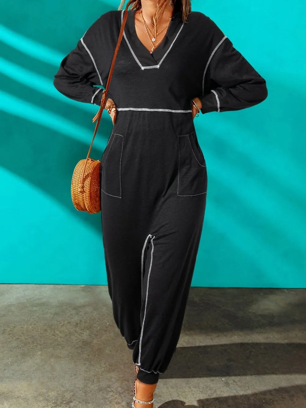 Black Maxi Jumpsuit with Hood and Contrast Stitching