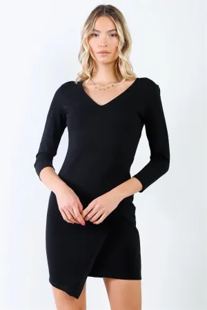 Black Midi Sleeve Asymmetrical Hem V-Neck Fitted Mini Dress /1-2-2-1