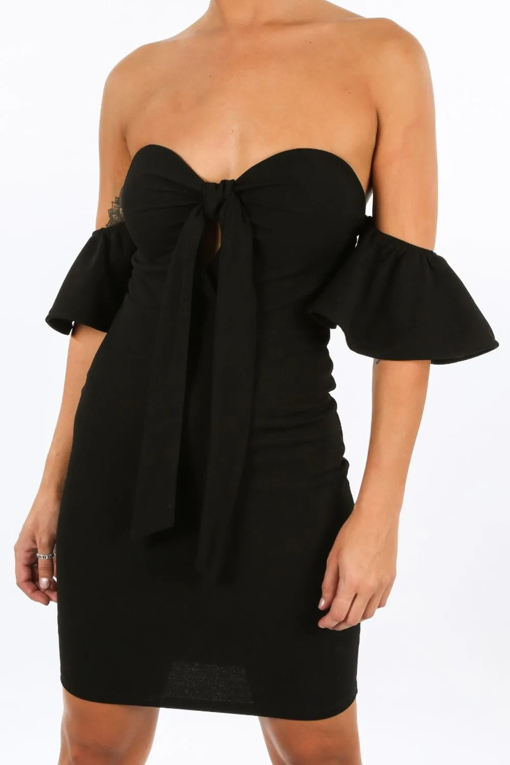 Black Off The Shoulder Tie Front Bodycon Dress