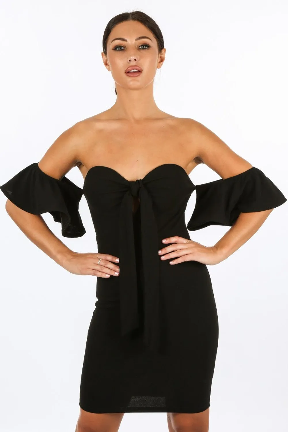 Black Off The Shoulder Tie Front Bodycon Dress