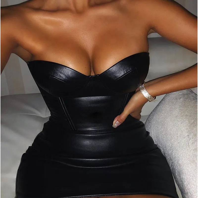 Black PU Strapless Backless Bodycon Dress