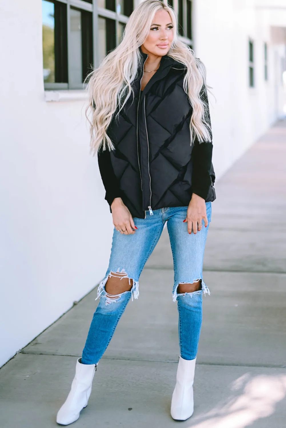 Black Quilted Zipper Front Hooded Vest Coat