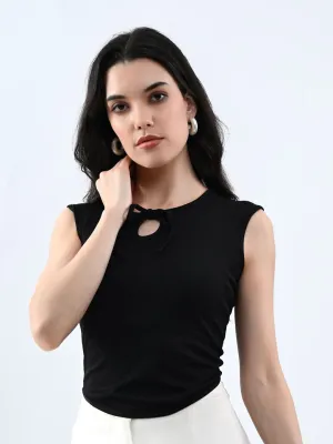 Black Solid Round Neck Crop Top