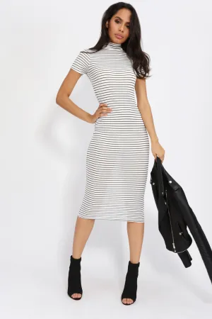 Black Striped High Neck Midi Dress